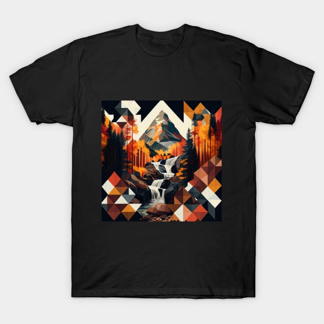 Autumn Geometric Mountain Waterfall T-Shirt by The Art Mage